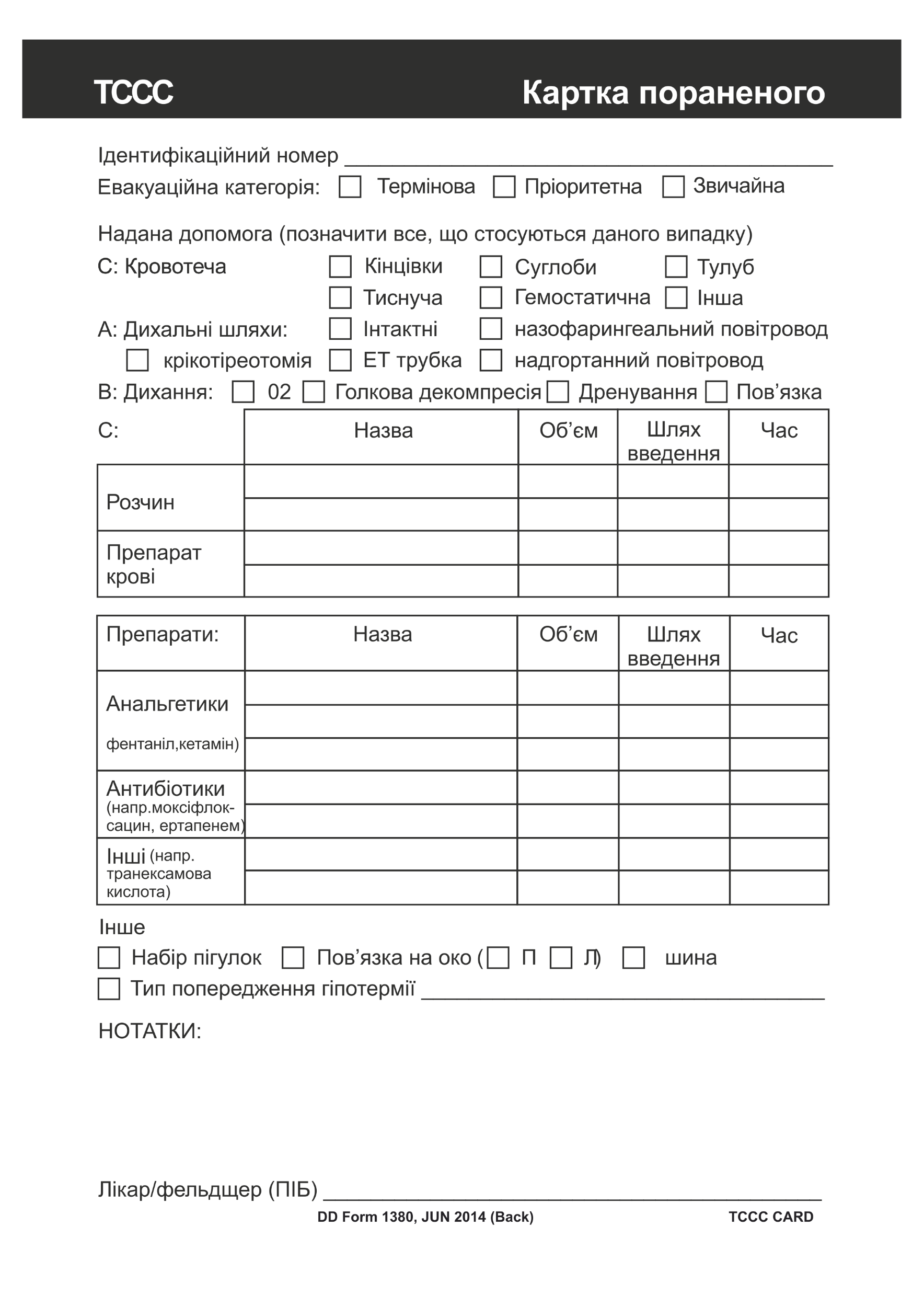 Медична картка пораненого TCCC А5